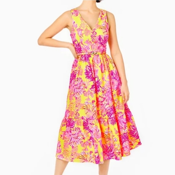Lilly Pulitzer Dresses & Skirts - NWT Lilly Pulitzer Bre V Neck Cotton Midi Dress Calla Yellow Floral Coral Size 8